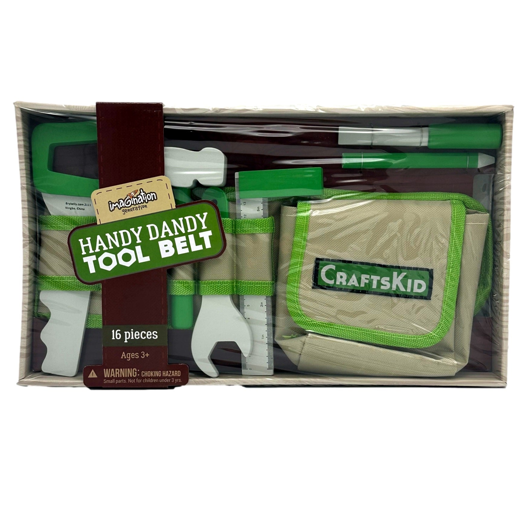 A toy tool belt set in a box, including toy tools and a CraftsKid tool bag.